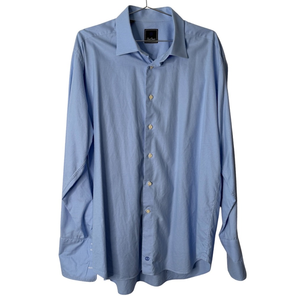 David Donahue Mens Light Blue Micro Check French Cuff Dress Shirt 17.5 34/35